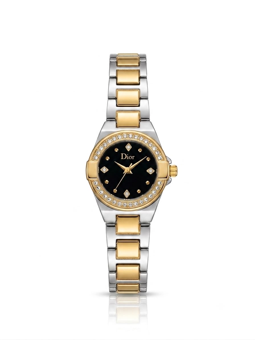 SilverXGold crystal studded dior watch
