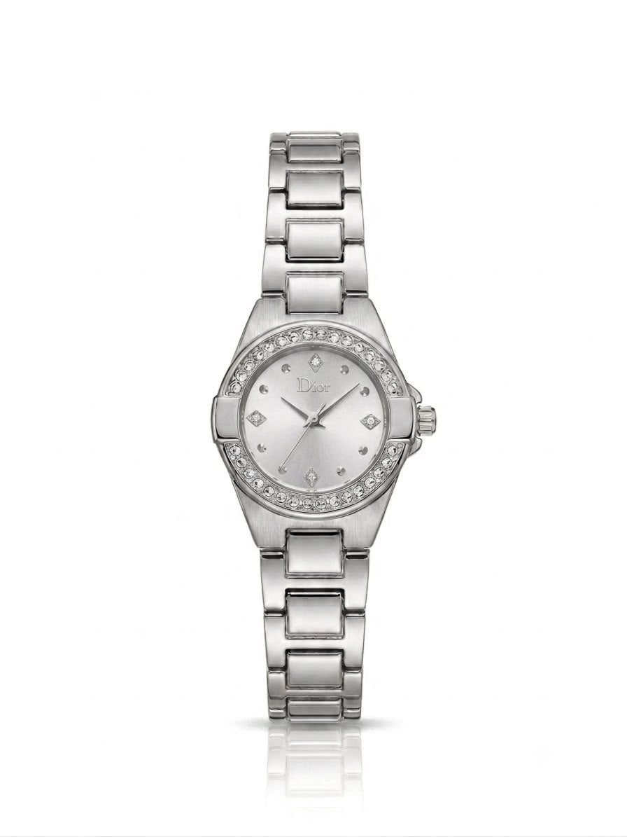 Crystal studded silver grey dial watch
