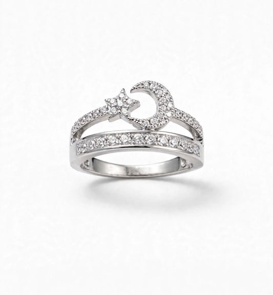 S925 Zirconium Crystal Studded Moon Adjustable Ring