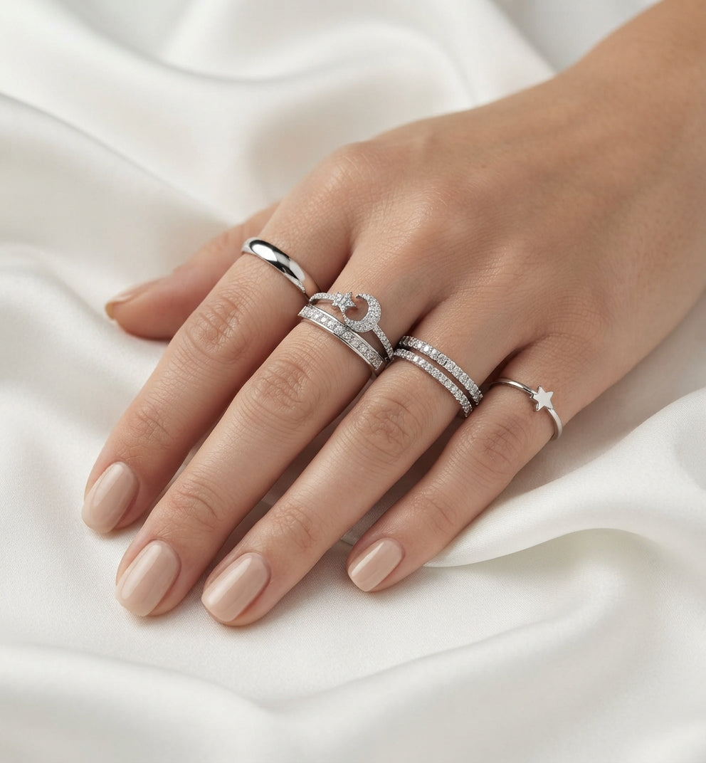 S925 Zirconium Crystal Studded Moon Adjustable Ring