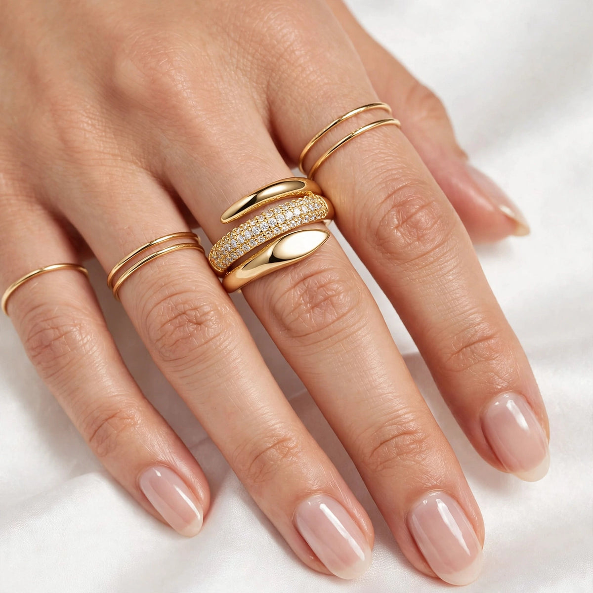 S925 Zirconium Crystal Middle Pave Gold Adjustable Ring