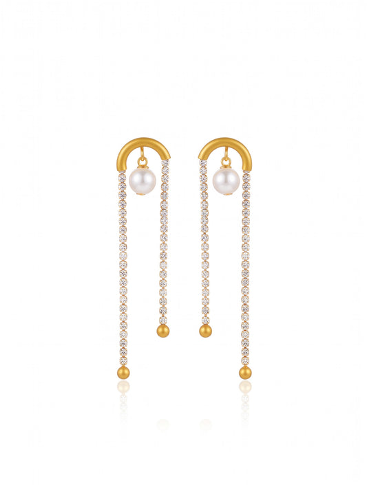 Stainless Gold Zirconium Pearl Drop Hanging Earrings